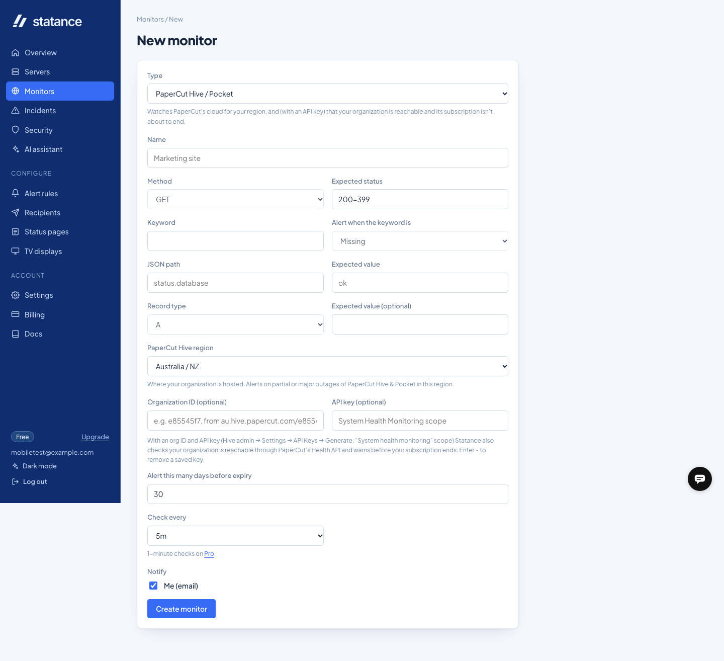 Statance new monitor form with PaperCut Hive region, organization ID and API key fields